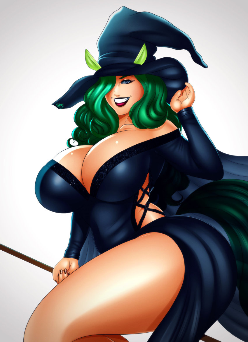 1girl breasts broom cleavage hat highres huge_breasts jassycoco nail_polish witch_hat