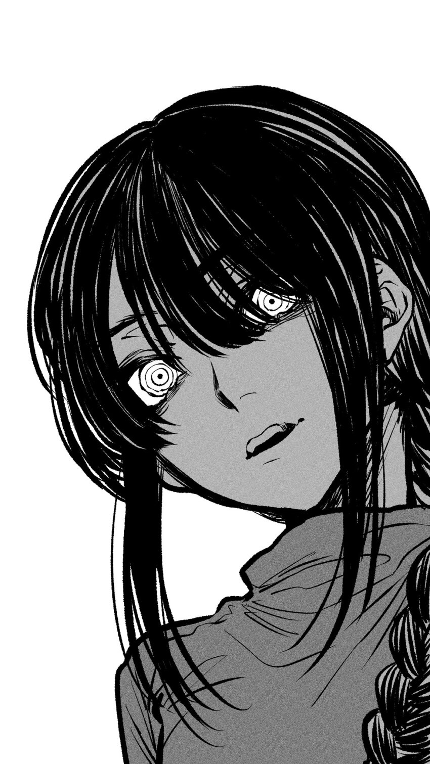 1girl braid chainsaw_man commentary_request greyscale haru_rice highres long_hair monochrome nayuta_(chainsaw_man) open_mouth ringed_eyes shirt sidelocks single_braid solo teeth turtleneck turtleneck_shirt upper_teeth_only