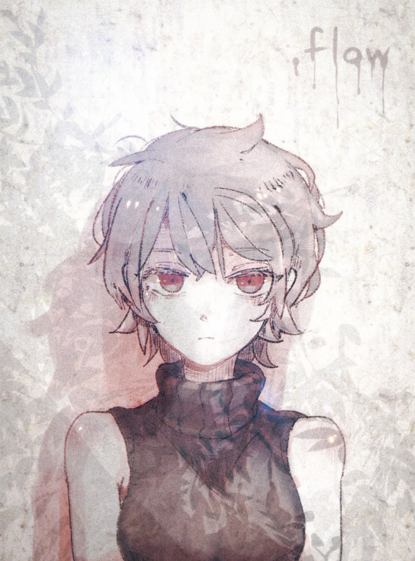 .flow 1girl against_wall armpit_crease black_sweater closed_mouth copyright_name cowlick dappled_sunlight expressionless eyelashes grey_hair hatching_(texture) highres light_frown looking_at_viewer messy_hair mosamochi muted_color red_eyes sabitsuki shadow short_hair shoulder_blush sleeveless sleeveless_turtleneck solo straight_hair sunlight sweater turtleneck turtleneck_sweater upper_body