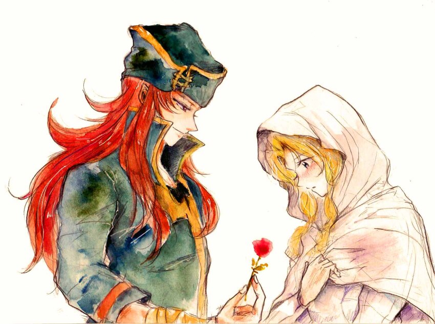 1boy 1girl blonde_hair cloak closed_mouth fingernails fire_emblem fire_emblem:_the_sacred_stones flower high_collar highres holding holding_flower hood hooded_cloak joshua_(fire_emblem) long_hair long_sleeves midori_orange natasha_(fire_emblem) nintendo painting_(medium) red_flower red_hair smile traditional_media watercolor_(medium) white_background white_cloak