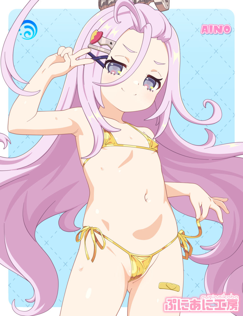 1girl absurdres aino_(genshin_impact) arm_up bandaid bandaid_on_leg bare_arms bare_shoulders bikini blue_background border breasts cameltoe closed_mouth covered_erect_nipples dotted_line forehead genshin_impact grey_eyes groin hair_between_eyes highres joutarou_(punianikobo) loli long_hair looking_at_viewer navel parted_bangs purple_hair short_eyebrows side-tie_bikini_bottom small_breasts smile solo swimsuit thick_eyebrows v very_long_hair white_border yellow_bikini