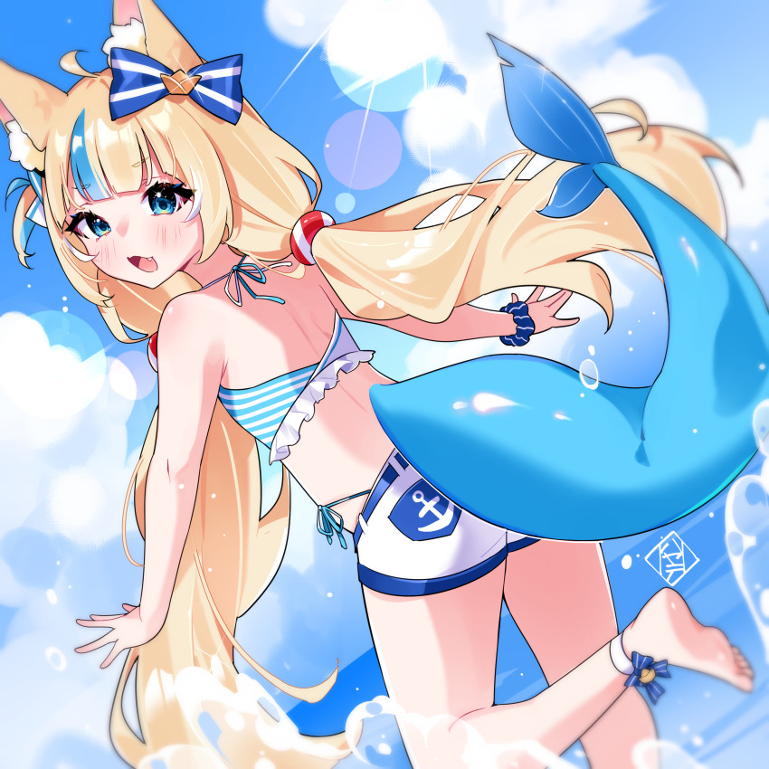 1girl absurdres anchor_symbol animal_ear_fluff animal_ears ass bare_arms bare_shoulders barefoot bikini bikini_under_clothes blonde_hair blue_eyes blue_hair blue_sky blush bow cat_ears cloud commentary_request day dutch_angle ear_bow fang fins fish_girl fish_tail frilled_bikini frills from_behind hayate_fish highleg highleg_bikini highres horizon indie_virtual_youtuber long_hair looking_at_viewer looking_back low_twintails multicolored_hair ocean one_side_up outdoors sameko_saba short_shorts shorts side-tie_bikini_bottom sky solo standing standing_on_one_leg streaked_hair striped_bikini striped_bow striped_clothes swimsuit tail twintails very_long_hair virtual_youtuber water white_shorts