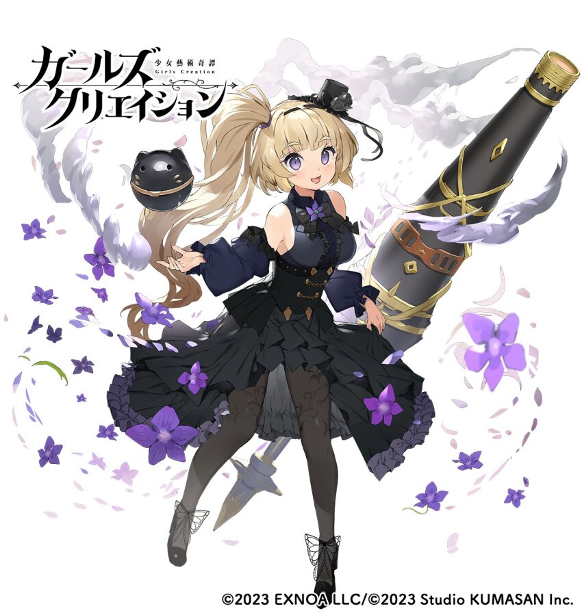 1girl black_bow black_bowtie black_dress black_footwear blonde_hair bow bowtie breasts brooch butterfly_ornament cannon center_frills collared_dress detached_sleeves dress flower flower_brooch frills full_body girls_creation hair_ribbon hat high_heels highres light_blush light_brown_hair long_hair looking_at_viewer medium_breasts mini_hat mini_top_hat nauribon official_art open_mouth purple_eyes purple_flower ribbon showgirl_skirt side_ponytail sideboob sleeveless sleeveless_dress smile solo thick_eyebrows top_hat underbust