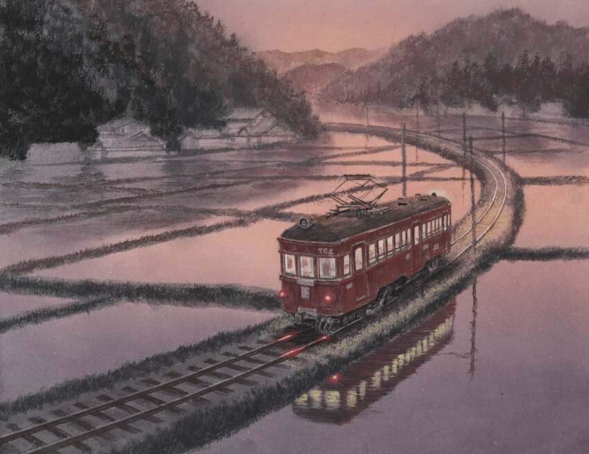 absurdres farm highres hill mountain mountainous_horizon no_humans original outdoors overhead_line pantograph railroad_tracks reflection reflective_water rice_paddy rural sketch tanamachi_yoshihiro train vehicle_focus water