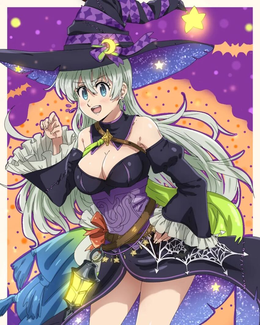 blue_eyes blush breasts dress elizabeth_liones hair_between_eyes halloween_costume hat hernandez highres large_breasts long_hair looking_at_viewer nanatsu_no_taizai official_alternate_costume open_clothes open_mouth smile solo thighs witch_hat yolianni