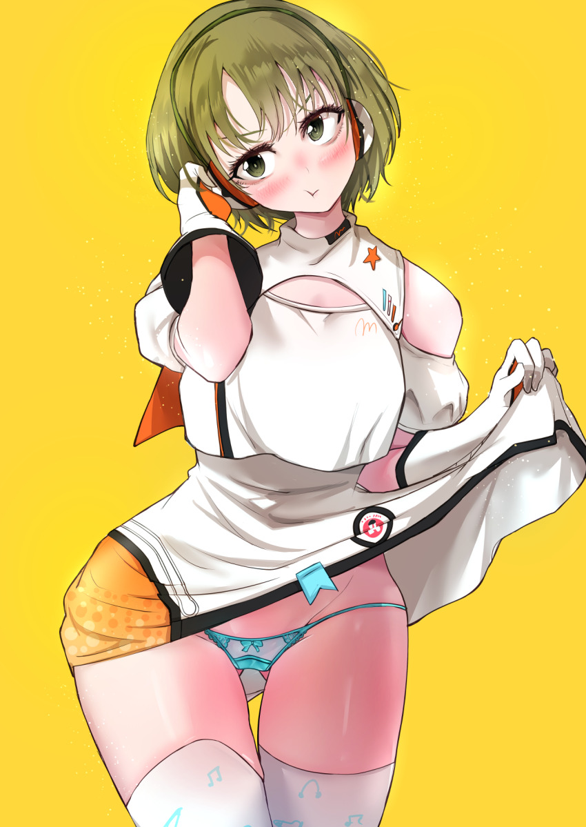 ... 1girl :t airi_rei aqua_panties blush clothes_lift commentary_request gloves gluteal_fold groin head_tilt headset highres idolmaster idolmaster_shiny_colors lifting_own_clothes nanakusa_nichika panties ribbon-trimmed_panties ribbon_trim shirt short_hair sideways_glance simple_background skirt skirt_lift solo spoken_ellipsis string_panties textless_version thighhighs translation_request underwear white_gloves white_shirt white_skirt white_thighhighs yellow_background