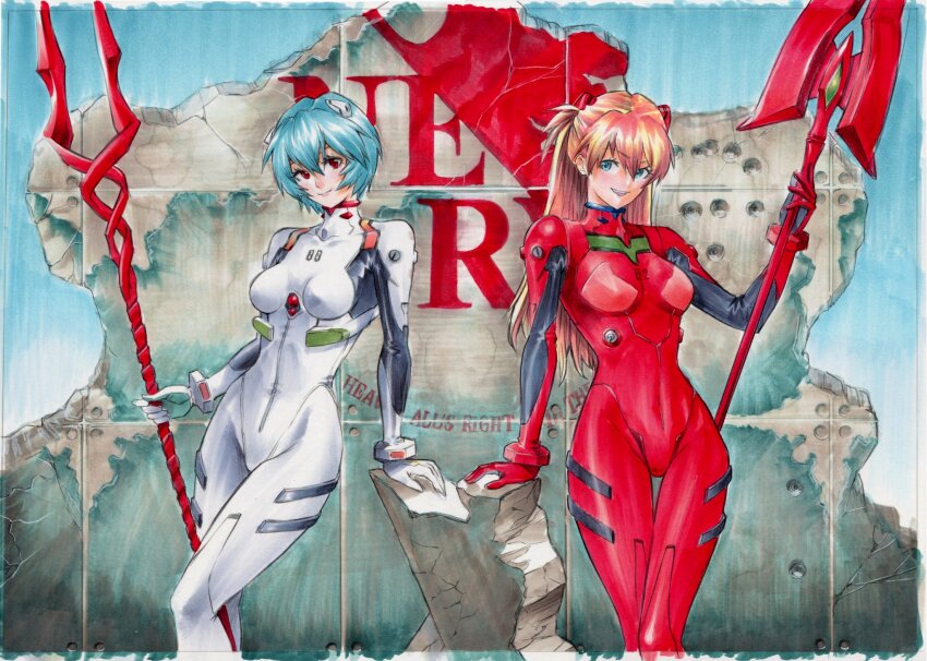 2girls ayanami_rei blue_eyes blue_hair bodysuit breasts brown_hair cleavage highres holding holding_polearm holding_weapon interface_headset_(evangelion) lance_of_longinus_(evangelion) long_hair mecha_pilot_suit medium_breasts multiple_girls neon_genesis_evangelion nerv plugsuit_(evangelion) polearm rebuild_of_evangelion red_bodysuit red_eyes rodrigo_yoshimiya short_hair souryuu_asuka_langley spear spear_of_cassius thigh_gap weapon white_bodysuit
