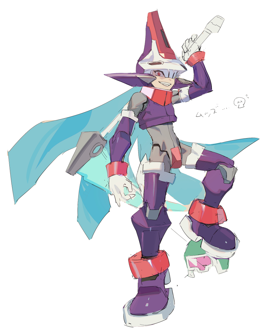 1boy armor energy_blade full_body helmet highres holding holding_scythe long_hair male_focus mayutsuba_mono mega_man_(series) mega_man_zx model_w_(mega_man) prometheus_(mega_man) purple_armor purple_helmet red_eyes scythe simple_background skull-shaped_hat solo white_background white_helmet