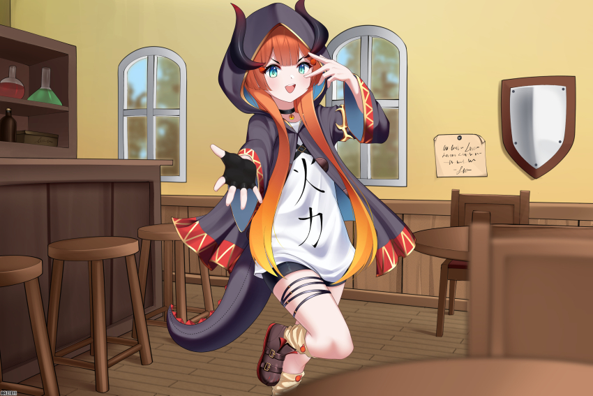 1girl absurdres alceid blonde_hair blue_eyes chair commission fingerless_gloves floor gloves highres hood hoodie horns indoors japanese_text long_hair miki_hitsugi multicolored_hair nose open_mouth orange_hair shield shirt shoes socks solo specialite_(company) specialite_en table tail thighs virtual_youtuber window wooden_floor