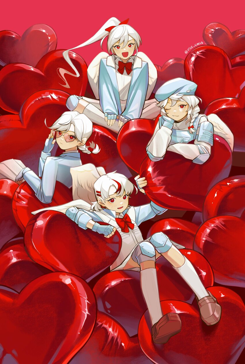 4girls absurdres adjusting_eyewear angel_wings beret blue_jacket bow bowtie braid bulletproof_vest chiyo_(love-bullet) cupid elbow_pads ena_(love-bullet) feathered_wings fingerless_gloves gloves hat heart heart-shaped_eyewear highres jacket kanna_(love-bullet) knee_pads koharu_(love-bullet) looking_at_viewer love-bullet multicolored_hair multiple_girls one_eye_closed open_clothes open_jacket pleated_skirt ponytail red_bow red_bowtie red_eyes red_hair rice_cacce shirt side_braid sitting skirt streaked_hair wariza white_hair white_shirt white_skirt wings