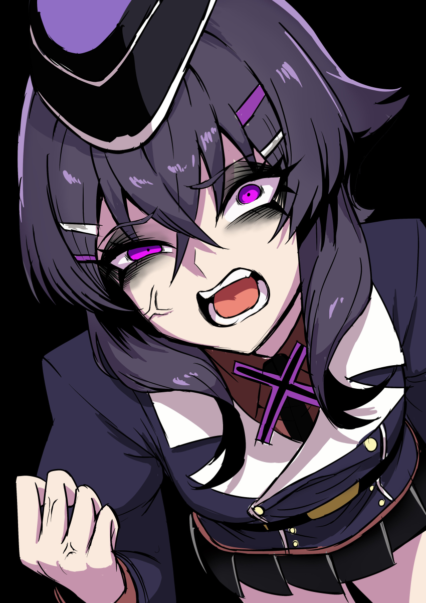 1girl absurdres anger_vein angry black_background black_eyeliner black_eyeshadow black_hat black_skirt blue_archive blue_hair blue_jacket breasts clenched_hand collared_shirt commentary_request crossed_bangs eyeliner eyeshadow furrowed_brow hair_between_eyes hair_ornament hairclip hand_up haruka_(blue_archive) hat highres jacket long_hair makeup medium_breasts nagainegi open_mouth pleated_skirt red_shirt shirt simple_background skirt solo uneven_eyes