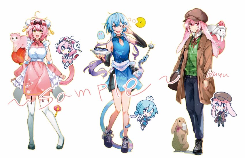 1girl 2boys ahoge alternate_breast_size alternate_costume animal_ears ansel_(arknights) arknights artist_name bag black_footwear black_sleeves blue_dress blue_hair blue_pants breasts brown_bag brown_headwear brown_jacket bun_cover cabbie_hat candy cat_ears cat_girl cat_tail chibi chibi_inset chinese_clothes cleavage_cutout clothing_cutout collared_shirt commentary crossdressing detached_sleeves dress food full_body goldenglow_(arknights) green_sweater half-heart_hands hat highres holding holding_candy holding_food holding_plate inky_(pac-man) jacket large_breasts lollipop long_hair looking_at_viewer lop_rabbit_ears mizuki_(arknights) multiple_boys one_eye_closed open_mouth pac-man pac-man_(game) pants pink_hair pink_skirt plaid_clothes plaid_sweater plate purple_hair rabbit rabbit_boy rabbit_ears sample_watermark shirt shoes short_hair short_sleeves skirt smile sneakers sweater symbol-only_commentary tail tentacles thighhighs watermark wed_(lim38869577) white_shirt white_thighhighs yellow_eyes