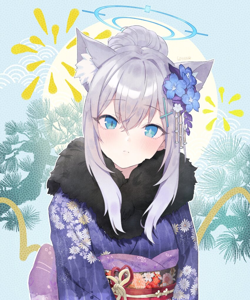 1girl absurdres animal_ears artist_name blue_archive blue_eyes closed_mouth cosplay cross_hair_ornament crossed_bangs diamond-shaped_pupils diamond_(shape) fur-trimmed_kimono fur_trim goyain grey_hair hair_between_eyes hair_bun hair_ornament halo haruna_(blue_archive) haruna_(blue_archive)_(cosplay) head_tilt highres japanese_clothes kanzashi kimono light_frown mismatched_pupils obi obiage obijime purple_kimono sash shiroko_(blue_archive) sidelocks signature solo symbol-shaped_pupils upper_body wolf_ears wolf_girl