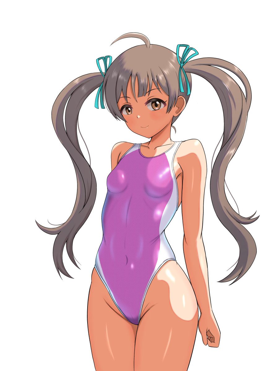 1girl absurdres ahoge arshinoe breasts brown_eyes competition_swimsuit covered_navel cowboy_shot dark-skinned_female dark_skin day grey_hair hakozaki_serika highleg highleg_one-piece_swimsuit highres idolmaster idolmaster_million_live! idolmaster_million_live!_theater_days long_hair one-piece_swimsuit purple_one-piece_swimsuit simple_background small_breasts solo swimsuit twintails two-tone_swimsuit white_background