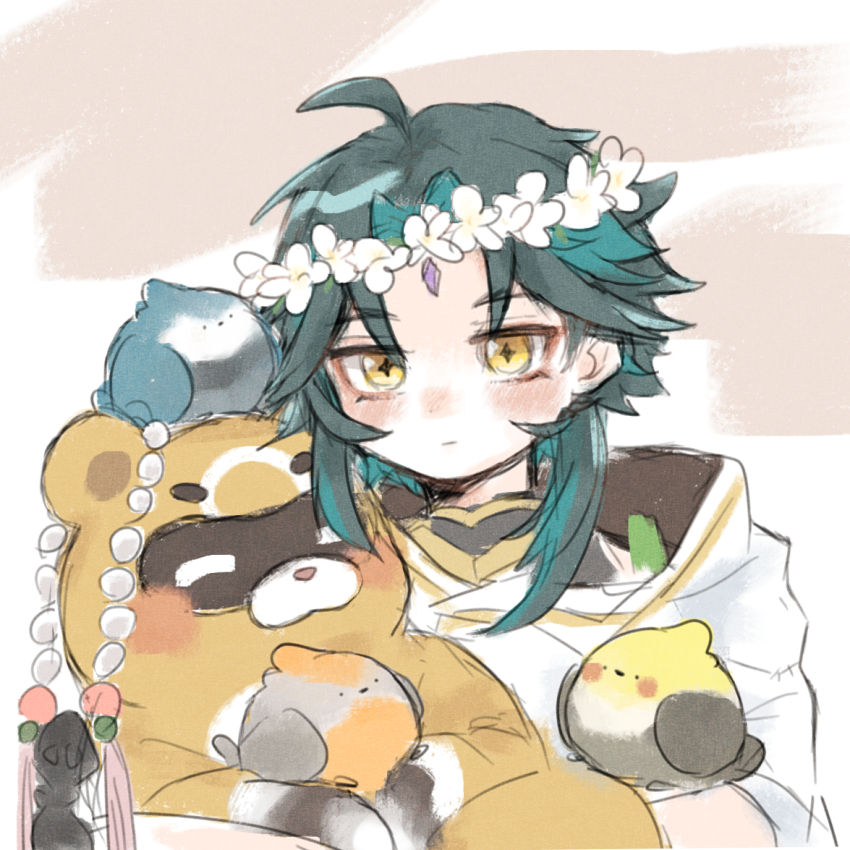 1boy 1other animal bead_necklace beads bird blue_jay blush cockatiel diamond-shaped_pupils diamond_(shape) facial_mark forehead_mark genshin_impact green_hair guoba_(genshin_impact) head_wreath holding holding_animal jewelry multicolored_hair nama_dododo necklace panda red_panda short_hair_with_long_locks snout symbol-shaped_pupils xiao_(genshin_impact) yellow_eyes