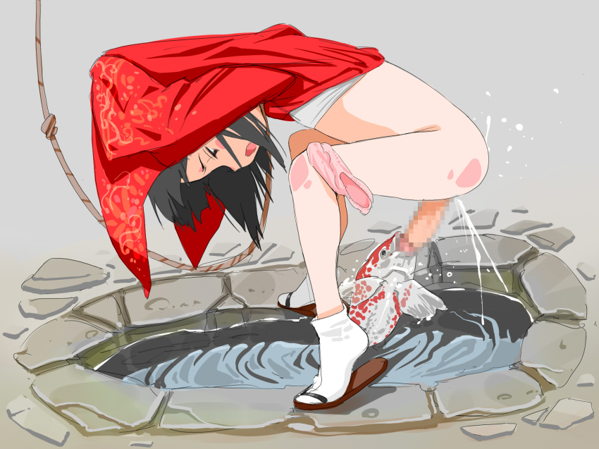 1futa bestiality black_hair blush censored chipokan clothes_lift erection fellatio fish flat_chest full_body futanari grey_background highres japanese_clothes kimono kimono_lift koi looking_down oral panties panties_around_leg penis pink_panties pond red_kimono short_hair simple_background socks solo squatting tabi tipokan underwear water what white_socks