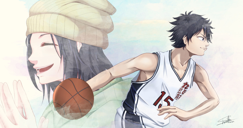 1boy 1girl absurdres ahiru_no_sora ball basketball basketball_(object) basketball_uniform black_hair closed_eyes dribbling_(basketball) hair_between_eyes hat highres jersey kurumatani_sora kurumatani_yuka mother_and_son open_mouth profile shiinochi signature sleeveless sportswear