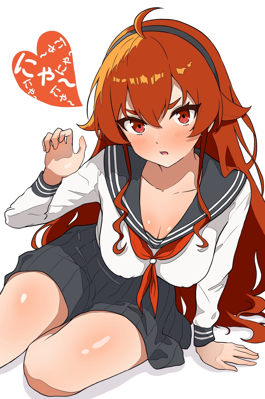 1girl absurdres arm_support blush breasts cleavage collarbone commentary_request eris_greyrat grey_hairband grey_sailor_collar grey_skirt hair_between_eyes hairband heart highres leaning_forward long_hair long_sleeves looking_at_viewer medium_breasts mushoku_tensei neckerchief parted_lips pleated_skirt red_eyes red_hair red_neckerchief sailor_collar school_uniform serafuku shirt sidelocks simple_background sitting skirt solo translation_request white_background white_shirt yoshikirino