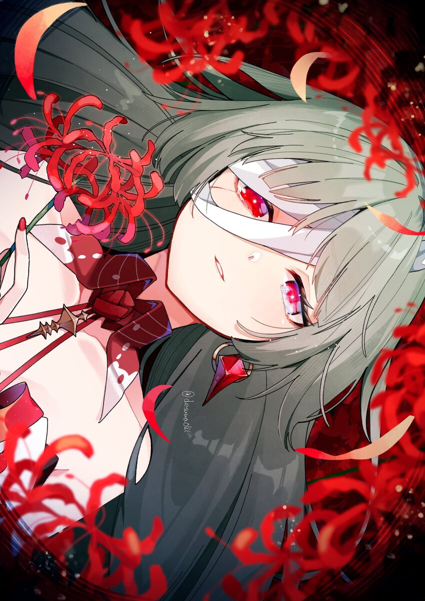 1girl absurdres collarbone commentary earrings fingernails flower grey_hair highres jewelry long_hair looking_at_viewer loose_bandages nail_polish parted_lips phrolova_(wuthering_waves) portrait red_eyes red_nails sideways smile solo spider_lily twitter_username usako_(usako1031) wuthering_waves