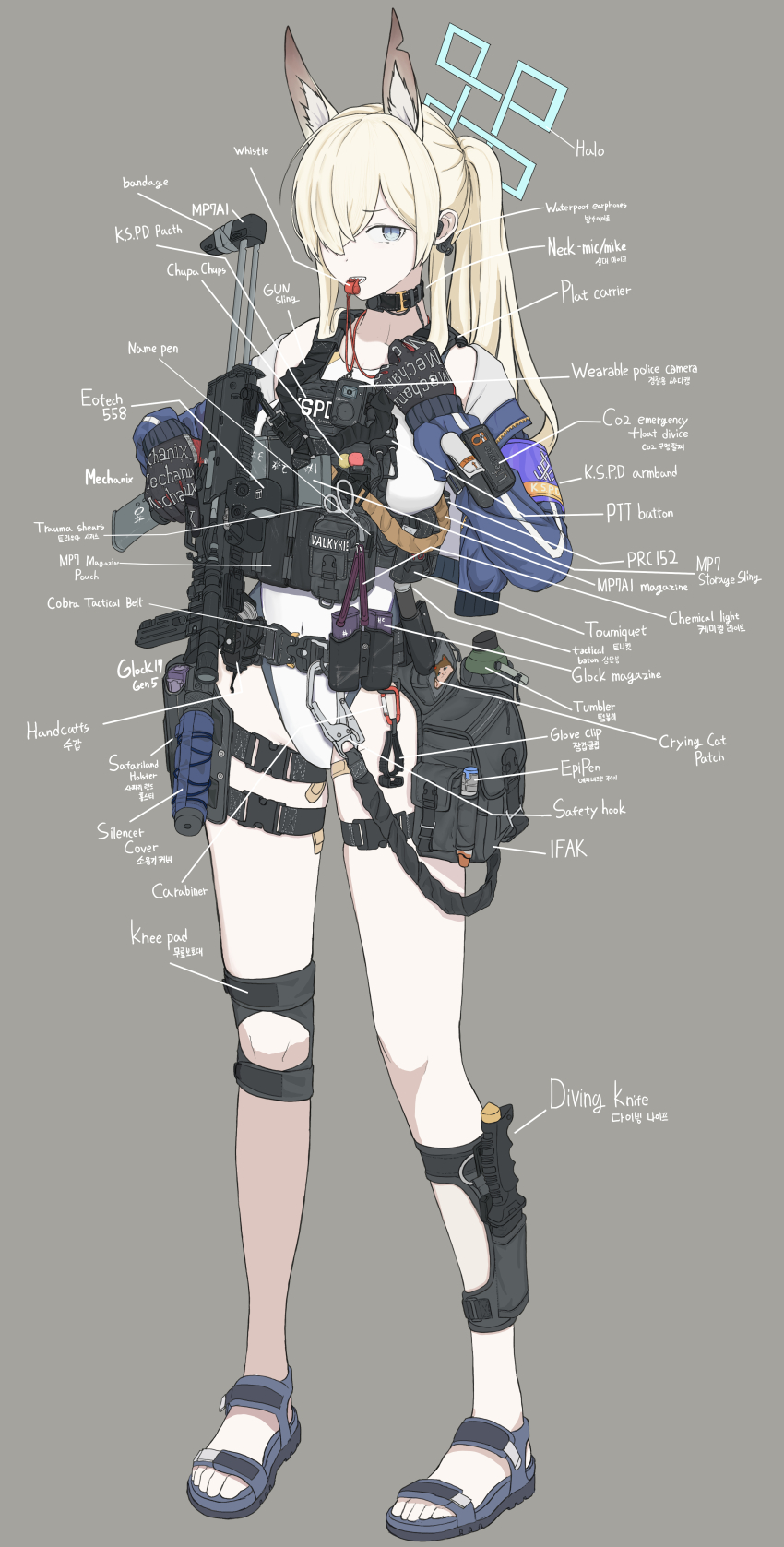 1girl absurdres animal_collar animal_ear_fluff animal_ears black_gloves blonde_hair blue_archive blue_eyes blue_halo blue_jacket blue_sandals chest_rig collar commentary_request dog_ears dog_girl earpiece extra_ears gloves gun h&amp;k_mp7 hair_over_one_eye halo highleg highleg_one-piece_swimsuit highres holding holding_gun holding_weapon jacket kanna_(blue_archive) kanna_(swimsuit)_(blue_archive) korean_commentary kral_(auux4442) leg_holster long_hair mixed-language_commentary official_alternate_costume official_alternate_hairstyle one-piece_swimsuit open_clothes open_jacket ponytail sandals sharp_teeth sidelocks solo submachine_gun swimsuit teeth weapon whistle white_one-piece_swimsuit