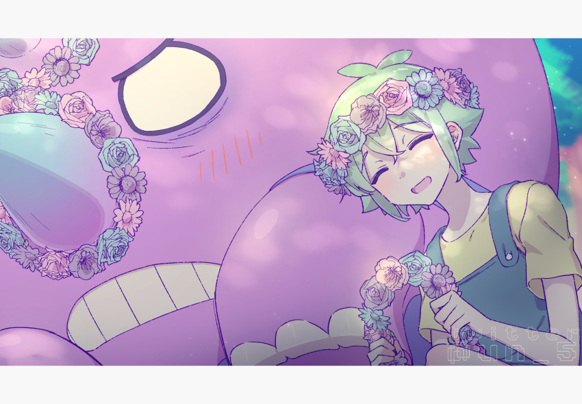2boys antenna_hair artist_name basil_(headspace)_(omori) basil_(omori) blue_overalls blush boss_(omori) clenched_teeth closed_eyes colored_skin crossed_bangs flower green_hair head_wreath highres holding holding_wreath horns light_smile multiple_boys omori open_mouth overalls purple_skin shirt short_hair short_sleeves teeth tendoshi yellow_shirt