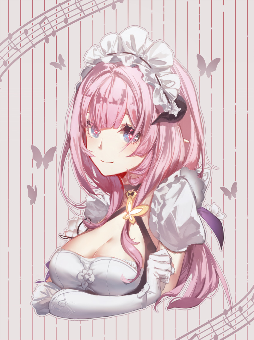 1girl blue_eyes breasts butterfly_hair_ornament cleavage commentary_request cropped_torso elysia_(honkai_impact) elysia_(miss_pink)_(honkai_impact) elysia_(miss_pink_elf)_(honkai_impact) fake_horns gloves hair_ornament highres honkai_(series) honkai_impact_3rd horns large_breasts long_hair maid maid_headdress musical_note official_alternate_costume pink_hair solo white_gloves zirancike