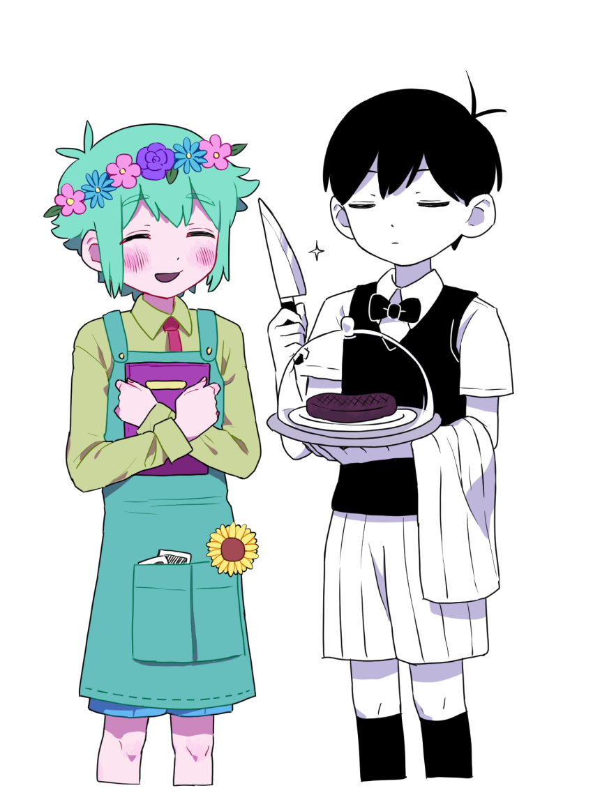 2boys apron basil_(headspace)_(omori) basil_(omori) black_bow black_bowtie black_hair black_socks black_sweater_vest blush bow bowtie closed_eyes collared_shirt colored_skin crossed_arms flower green_apron green_hair green_shirt head_wreath highres holding holding_knife holding_menu kneehighs knife long_sleeves menu miranosub multiple_boys necktie omori omori_(omori) open_mouth photo_(object) red_necktie shirt short_hair short_sleeves shorts smile socks sunflower sweater_vest white_shorts white_skin