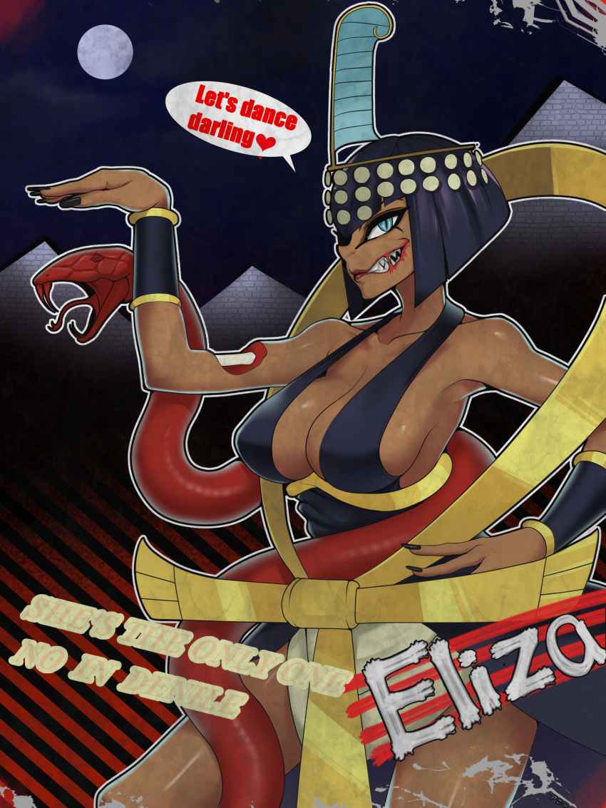 1girl ancient_egyptian assha_(schector) black_dress black_hair black_nails blue_eyes bob_cut breasts character_name circlet cleavage commentary_request cowboy_shot dark-skinned_female dark_skin dress eliza_(skullgirls) english_text fingernails full_moon glasgow_smile highres large_breasts looking_at_viewer moon night pyramid_(structure) sharp_teeth short_hair sideboob skullgirls sleeveless sleeveless_dress slit_pupils snake solo speech_bubble teeth
