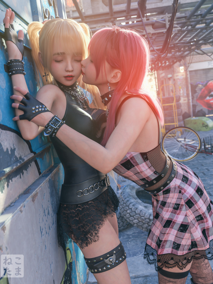 2girls 3d against_wall blonde_hair choker dress earrings gothic_lolita highres jewelry kiss kissing_cheek leather lolita_fashion multiple_girls nekotamamofu original plaid_clothes plaid_dress punk red_hair school_uniform skirt thigh_strap twintails yuri