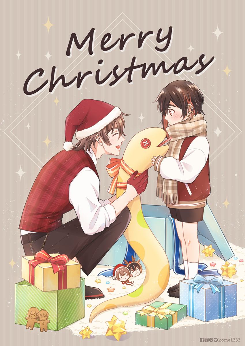 2boys aged_down blush box brown_hair brown_scarf child colored_inner_hair ear_piercing eiden_(nu_carnival) fur-trimmed_headwear fur_trim gift gift_box gloves half_gloves hat highres kome1333 long_sleeves male_focus merry_christmas multicolored_hair multiple_boys nu_carnival orange_eyes orange_hair piercing red_gloves red_headwear santa_hat scarf short_hair smile stuffed_snake yakumo_(nu_carnival)