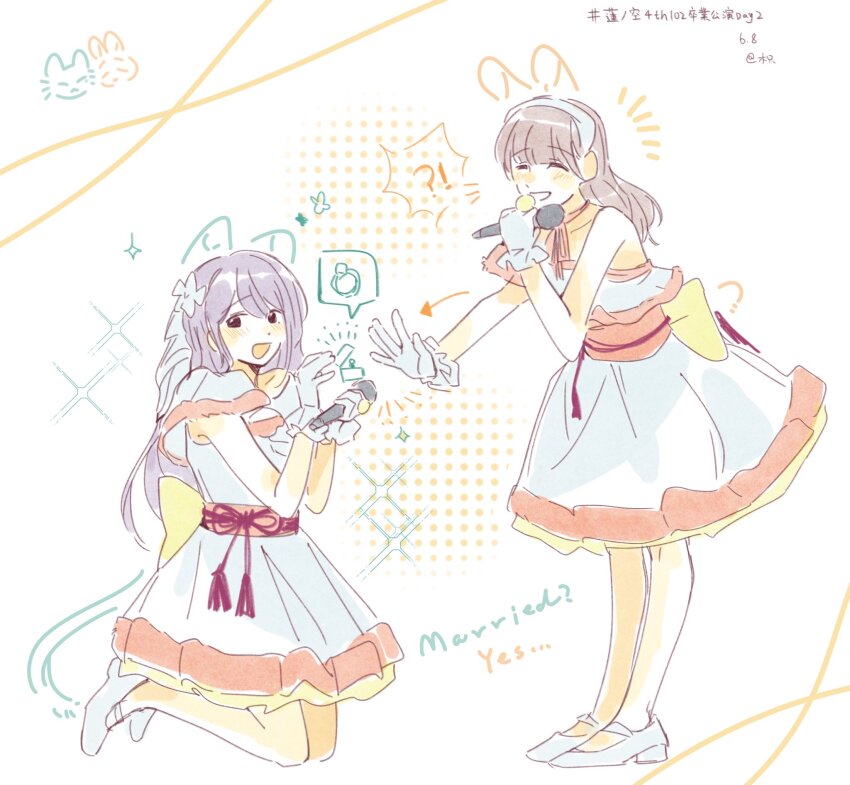 !? 2girls :d ^_^ animal_ears animification arrow_(symbol) artist_name blunt_bangs blush cat cat_ears cat_tail cerise_bouquet closed_eyes commentary dated drawn_ears drawn_tail dress english_text frilled_dress frilled_gloves frills full_body fur-trimmed_dress fur_trim gloves grin hairband hanamiya_nina hashtag high_heels highres holding holding_microphone jewelry kneeling link!_like!_love_live! looking_at_viewer love_live! marriage_proposal microphone multiple_girls nirei_nozomi obi obijime official_alternate_costume open_mouth orange_sash rabbit rabbit_ears rabbit_tail real_life ring sash shoes signature single-shoulder_dress smile spoken_interrobang suisai_sekai symbol-only_commentary tail voice_actor wedding_ring white_background white_dress white_gloves white_hairband white_shoes woodonly yuri