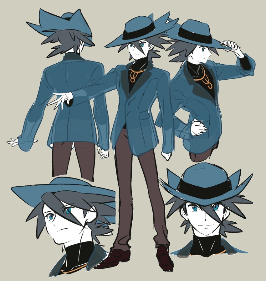 1boy aqua_eyes aqua_headwear aqua_jacket black_footwear black_shirt brown_pants closed_mouth commentary_request game_freak grey_hair hand_on_headwear hat highres jacket jewelry korean_commentary long_sleeves male_focus multiple_views necklace nintendo pants pokemon pokemon_dppt redlhzz riley_(pokemon) shirt shoes split_mouth