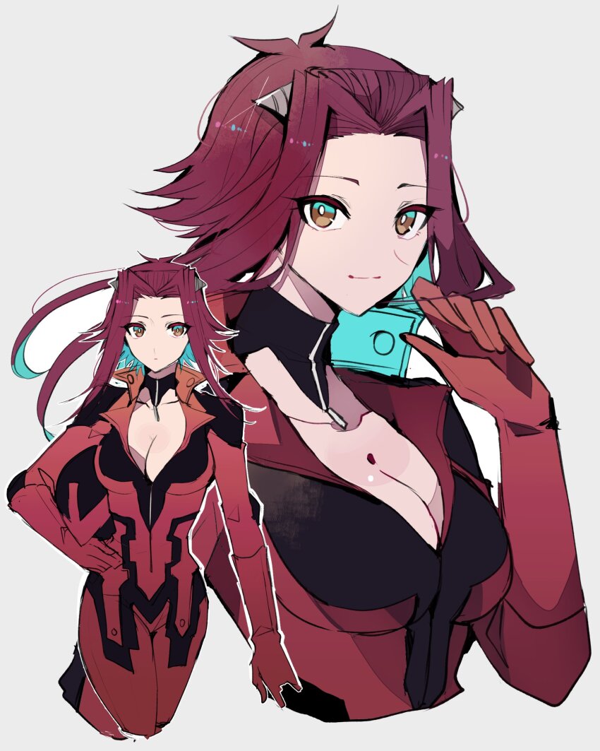 1girl absurdres biker_clothes bikesuit bodysuit breasts brown_eyes cleavage closed_mouth gloves helmet highres holding holding_helmet izayoi_aki looking_at_viewer multiple_views red_bodysuit red_gloves red_hair smile teketeke_(tasutekete) unworn_headwear unworn_helmet white_background yu-gi-oh! yu-gi-oh!_5d&#039;s