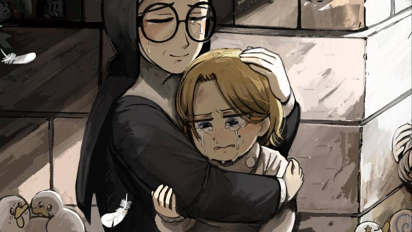 3girls aged_down bird blonde_hair blue_eyes candy chicken closed_eyes commentary crying crying_with_eyes_open diva_(hyxpk) duck english_commentary feathers food glasses grey_hair grey_shirt highres hug little_nuns_(diva) lollipop mole mole_on_cheek mother_superior_(diva) mouse_(animal) multiple_girls nun round_eyewear shirt smug_nun_(diva) star_ornament strict_nun_(diva) swirl_lollipop tears traditional_nun