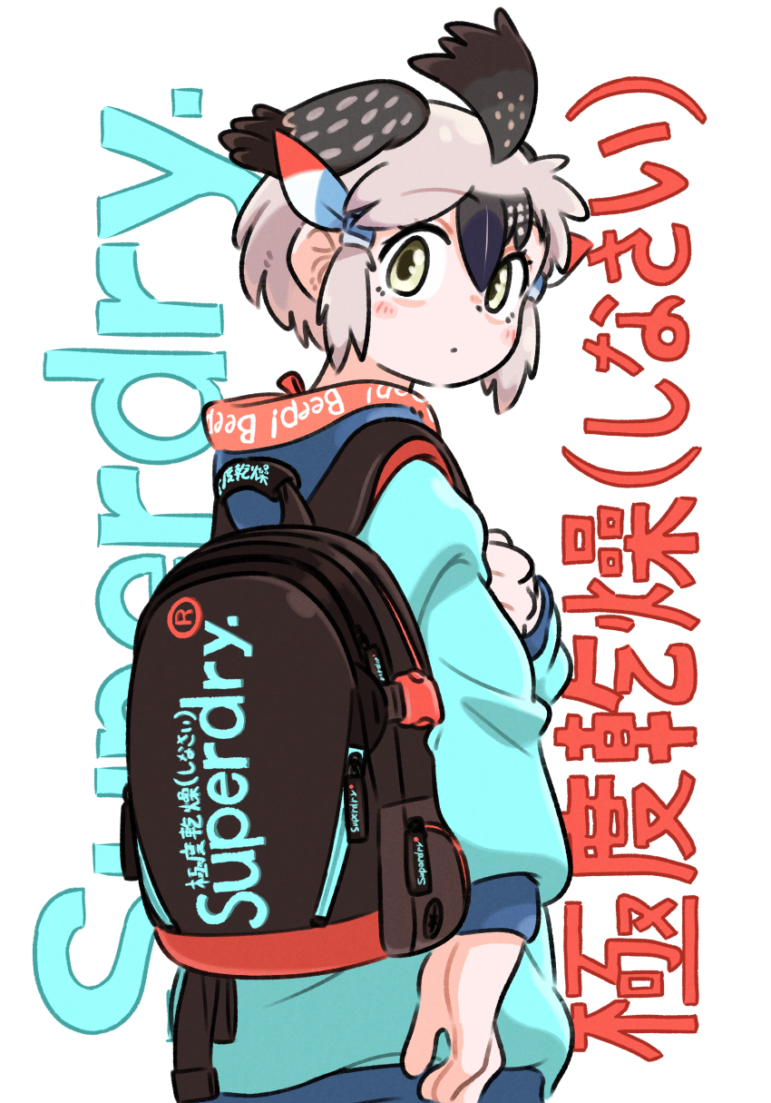 1girl absurdres appleq backpack bag blue_hoodie brown_eyes closed_mouth clothes_writing commentary_request from_behind greater_roadrunner_(kemono_friends) grey_hair hair_between_eyes highres hood hood_down hoodie kemono_friends long_sleeves looking_at_viewer looking_back puffy_long_sleeves puffy_sleeves short_hair simple_background sleeves_past_wrists solo text_background white_background