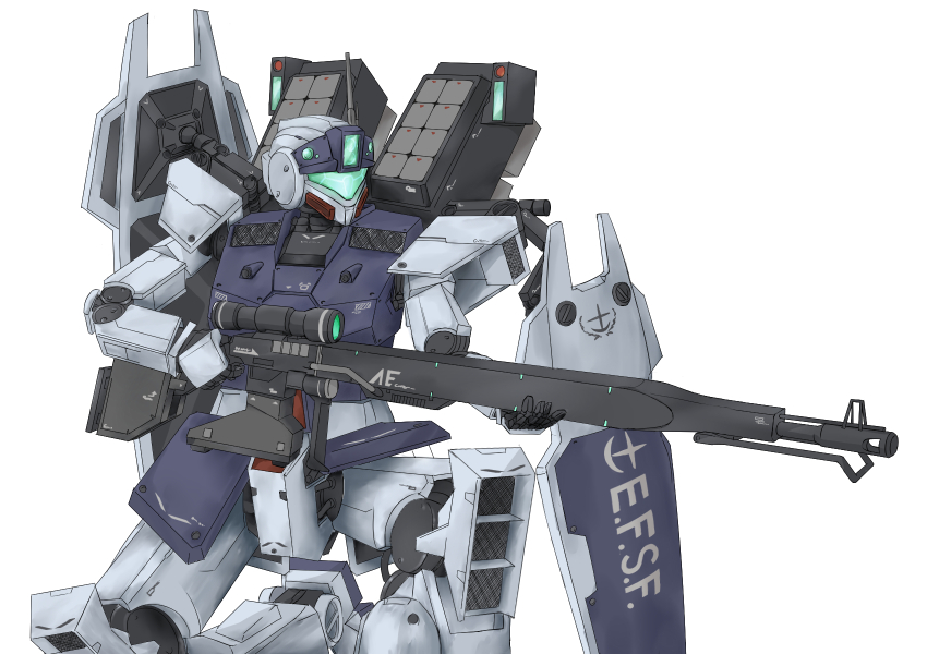 a-lapin anaheim_electronics assault_rifle assault_visor commentary_request earth_federation earth_federation_space_forces gm_sniper_ii green_visor gun gundam gundam_0080 highres holding holding_gun holding_weapon mecha mecha_focus mobile_suit no_humans rifle robot science_fiction scope shield shield_on_back sniper_rifle solo weapon white_background