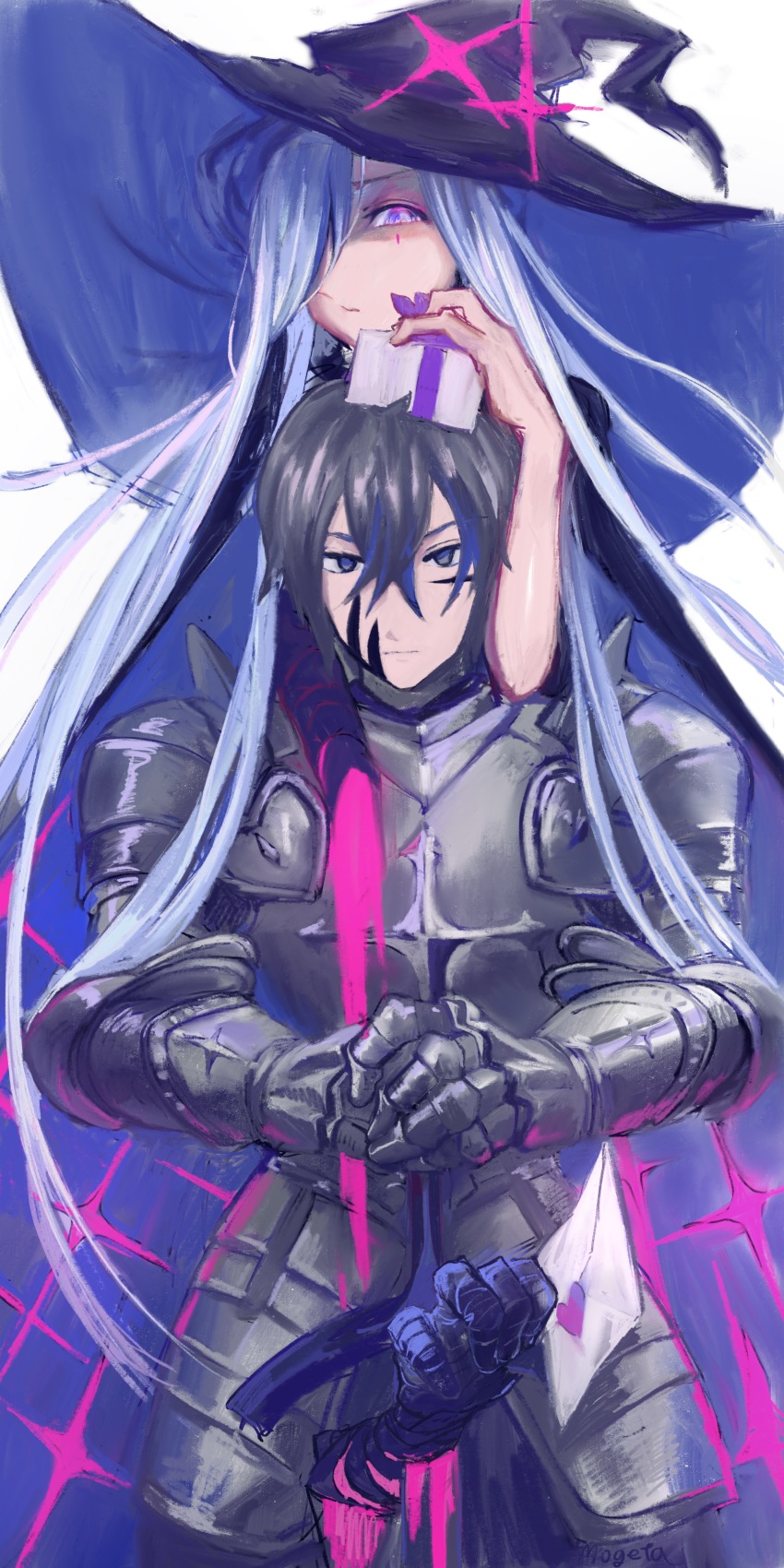 1boy 1girl absurdres armor black_cloak black_eyes black_hair black_headwear bleeding blood box breastplate cloak closed_mouth disembodied_hand facial_mark ga1ahad gauntlets gift gift_box grey_hair hair_between_eyes hair_over_one_eye hat heart highres holding holding_gift holding_letter holding_sword holding_weapon injury letter long_hair looking_at_another love_letter mili_(band) momomogeta pauldrons pink_blood purple_eyes shoulder_armor sword tellulu vambraces weapon white_background witch witch_hat