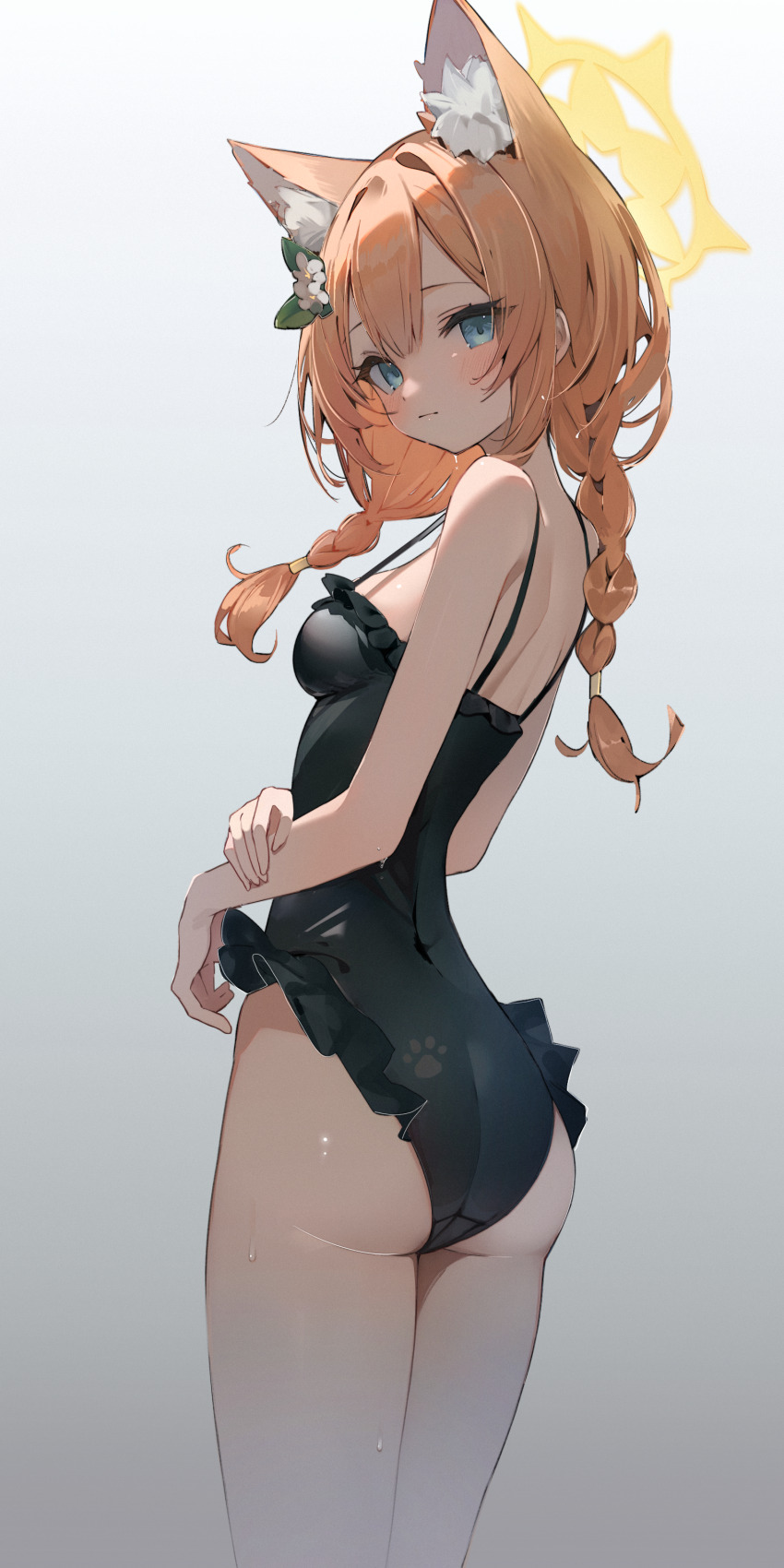 1girl absurdres ai-assisted animal_ear_fluff animal_ears ass black_one-piece_swimsuit blue_archive braid casual_one-piece_swimsuit commentary_request cowboy_shot flower frilled_one-piece_swimsuit frills from_behind hair_flower hair_ornament halo harenchi highres korean_commentary long_hair looking_at_viewer looking_back mari_(blue_archive) mari_(swimsuit)_(blue_archive) official_alternate_costume one-piece_swimsuit orange_hair paw_print second-party_source solo swimsuit twin_braids yellow_halo