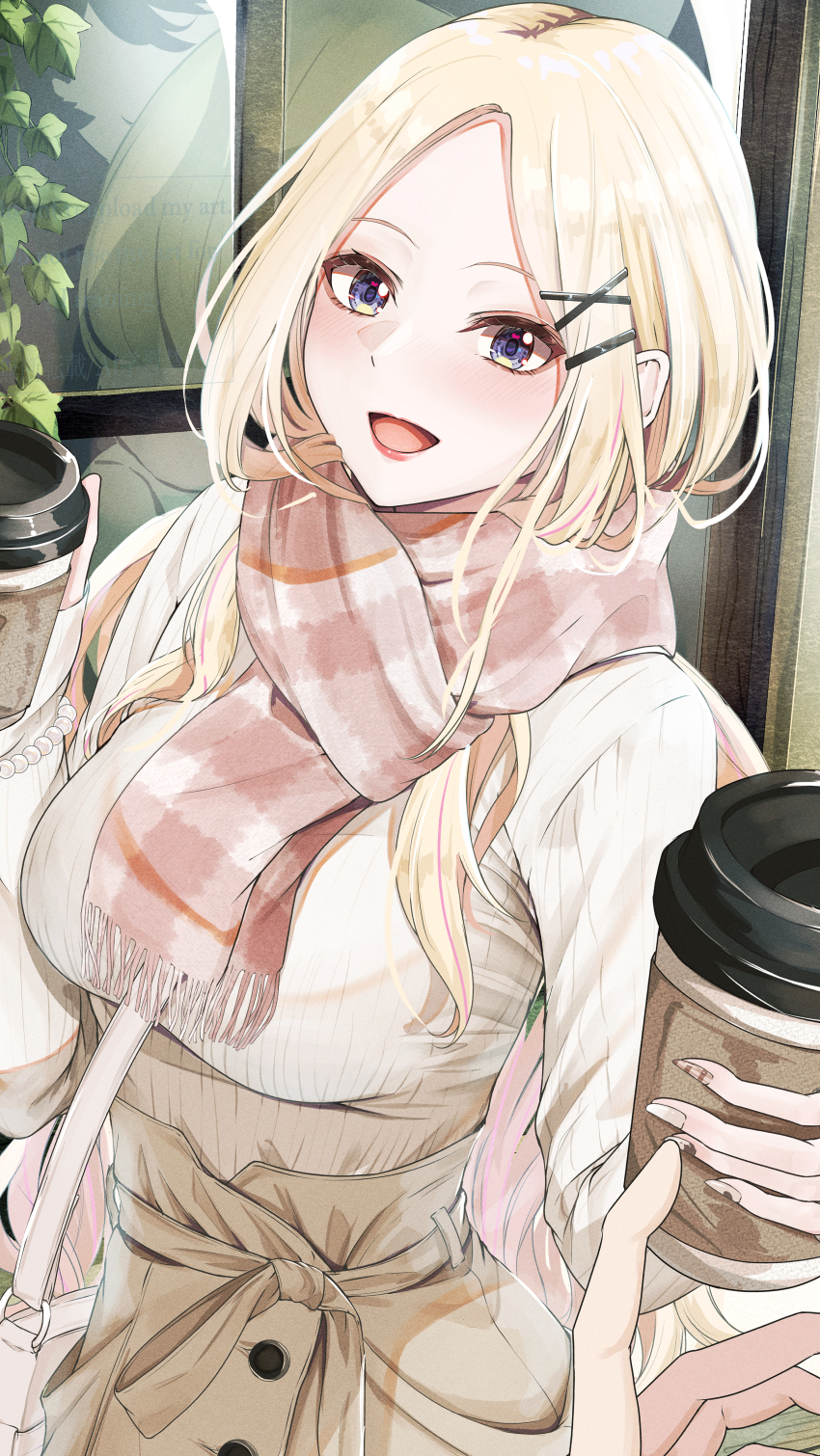 1girl 1other absurdres alternate_costume blonde_hair bracelet breasts brown_nails brown_skirt checkered_clothes checkered_scarf cup disposable_coffee_cup disposable_cup enpera gakuen_idolmaster hair_ornament hairclip heart heart_in_eye highres holding holding_cup idolmaster ivy izuminnu jewelry juo_sena long_hair long_sleeves looking_at_viewer medium_breasts multicolored_hair open_mouth parted_bangs pearl_bracelet pink_hair pink_scarf pov purple_eyes ribbed_sweater scarf skirt smile streaked_hair sweater symbol_in_eye upper_body white_sweater x_hair_ornament