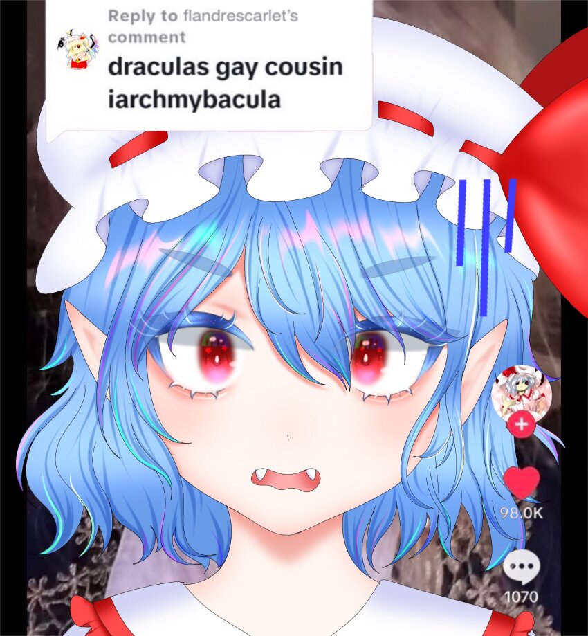1girl bad_id bad_twitter_id blue_hair bow fangs flandre_scarlet gloom_(expression) hair_between_eyes hair_bow hat highres iarchmybacula_(meme) kitty_(3kittie9) looking_at_viewer meme mob_cap official_art_inset open_mouth pillarboxed pointy_ears portrait red_bow red_eyes remilia_scarlet ribbon-trimmed_hat short_hair snapchat solo surprised touhou v-shaped_eyebrows white_hat