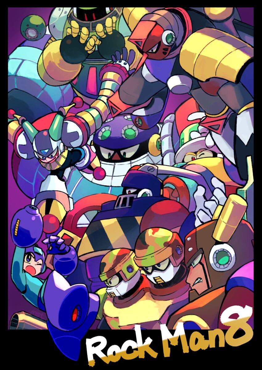 1278mkyp 6+boys aqua_man_(mega_man) arm_cannon astro_man blue_eyes clenched_teeth clown clown_boy clown_man commentary_request english_text everyone frost_man full_body grenade_man helmet highres jester jester_boy male_focus mega_man_(character) mega_man_(classic) mega_man_(series) mega_man_8 multiple_boys multiple_heads no_mouth one_eye_closed red_eyes search_man sword_man teeth tengu_man upper_body weapon