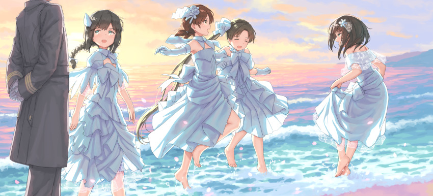 1boy 4girls :d absurdly_long_hair adapted_costume admiral_(kancolle) alternate_costume arms_behind_back ayanami_(kancolle) barefoot beach black_coat black_hair black_pants blue_eyes blush borrowed_clothes braid breasts brown_hair cleavage_cutout closed_eyes clothing_cutout cloud coat collared_dress commentary_request dress elbow_gloves flower frilled_dress frilled_shirt_collar frills fubuki_(anniversary)_(kancolle) fubuki_(kancolle) full_body gloves green_eyes hair_between_eyes hair_down hair_flower hair_ornament hayashi_naoharu highres isonami_(kancolle) kantai_collection long_hair low_twin_braids low_twintails medium_hair multiple_girls ocean official_alternate_costume official_alternate_hairstyle open_mouth orange_sky outdoors pants parted_bangs shirayuki_(kancolle) shoulder_cutout side_ponytail sidelocks sky sleeveless sleeveless_dress small_breasts smile snowflake_hair_ornament standing strapless strapless_dress sunset twin_braids twintails very_long_hair wading water wedding_dress white_dress white_flower white_gloves wing_hair_ornament yellow_eyes