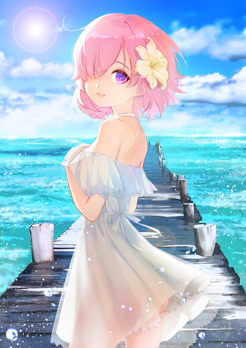 1girl absurdres bare_shoulders breasts cloud cloudy_sky commentary_request day dress fate/grand_order fate_(series) female_focus flower from_side hair_flower hair_ornament hair_over_one_eye highres large_breasts light_purple_hair looking_at_viewer mash_kyrielight mash_kyrielight_(formal_dress) ocean official_alternate_costume outdoors parted_lips pink_hair sabl_(yufg8873) short_sleeves sky smile solo sun white_dress yellow_flower