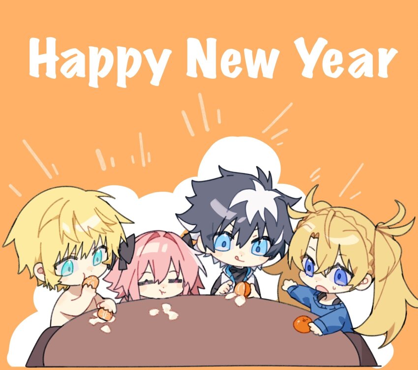 1girl 3boys :q :t astolfo_(fate) black_bow black_shirt blonde_hair blue_eyes blue_sweater bow bradamante_(fate) braid charlemagne_(fate) chibi closed_eyes crossed_bangs crown_braid eating fate/extella fate/extra fate/grand_order fate_(series) food fruit hair_between_eyes hair_bow hair_intakes happy_new_year highres holding holding_food idass_(idass16) jacket long_hair mandarin_orange multicolored_hair multiple_boys new_year nude open_mouth orange_(fruit) orange_background orange_slice parted_bangs pink_hair roland_(fate) round_table sharp_teeth shirt short_hair sleeveless sleeveless_jacket streaked_hair sweatdrop sweater table teeth tongue tongue_out twintails two-tone_hair white_hair white_jacket