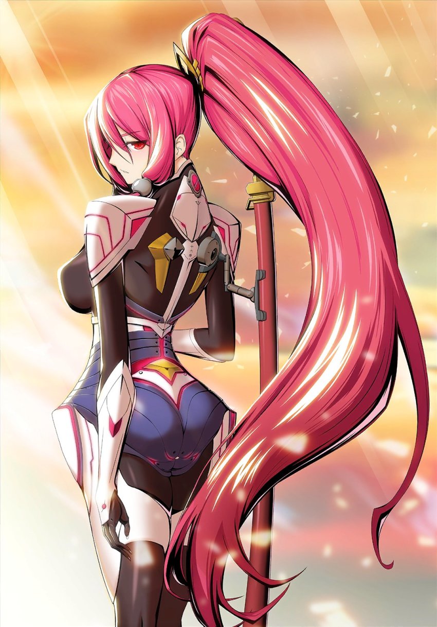 1girl armor ass blazblue blazblue_alternative:_dark_war bodysuit breasts from_behind hair_ornament hair_tubes highres large_breasts long_hair looking_at_viewer looking_back ponytail red_eyes red_hair shiny_clothes sideboob skin_tight solo sword tokiwa_camellia tsubaki_yayoi very_long_hair weapon white_justice