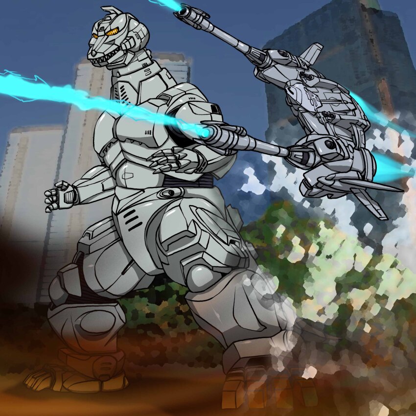 absurdres aircraft alien building cannon city dinosaur directed-energy_weapon dust energy energy_beam energy_cannon energy_weapon exhaust fire flying full_body g-force garuda_(godzilla) godzilla_(series) godzilla_vs._mechagodzilla_ii highres hirodango japan_self-defense_force kaiju maser maser_beam maser_cannon mecha mechagodzilla military military_vehicle robot skyscraper tail toho tree united_nations_godzilla_countermeasure_center weapon