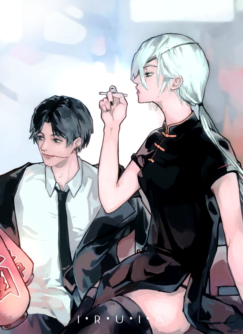 1boy 1girl absurdres artist_name black_dress black_hair black_jacket black_necktie black_pants black_thighhighs chainsaw_man china_dress chinese_clothes cigarette collared_shirt dress eyepatch formal_clothes highres holding holding_cigarette iruia5 jacket kishibe_(chainsaw_man) kishibe_(young)_(chainsaw_man) lantern long_hair looking_to_the_side necktie pants paper_lantern ponytail quanxi_(chainsaw_man) shirt shirt_tucked_in short_hair side_slit stitched_face stitched_mouth stitches suit suit_jacket thighhighs white_hair white_shirt