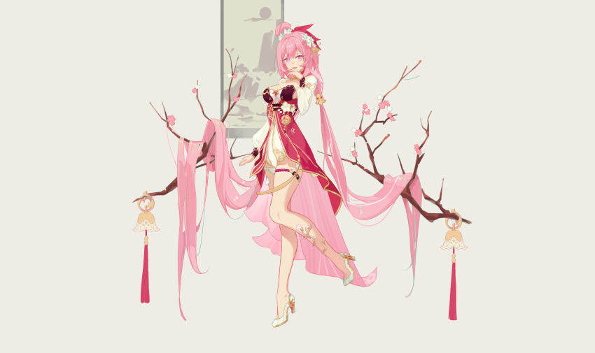 1girl absurdres bare_legs bell branch breasts cherry_blossoms chinese_clothes chinese_commentary cleavage comet-c commentary_request diamond-shaped_pupils diamond_(shape) dress elf elysia_(herrscher_of_human:_ego)_(honkai_impact) elysia_(honkai_impact) elysia_(peachy_spring)_(honkai_impact) flower full_body grey_background hair_bell hair_flower hair_ornament high_heels highres honkai_(series) honkai_impact_3rd large_breasts long_hair long_sleeves looking_at_viewer official_alternate_costume open_mouth pink_hair pointy_ears puffy_long_sleeves puffy_sleeves purple_eyes red_dress solo symbol-shaped_pupils teeth thigh_strap very_long_hair white_footwear