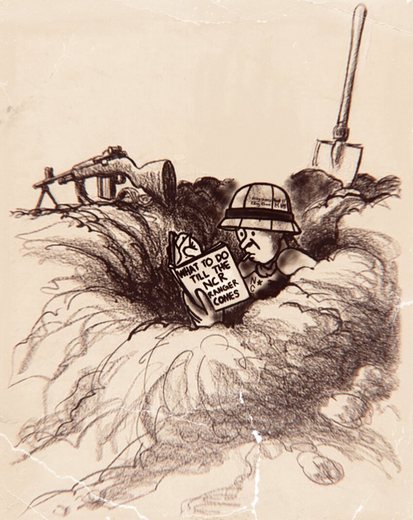 1boy book cigarette commentary english_commentary english_text fallout:_new_vegas fallout foxhole gun helmet highres holding holding_book kronos_co male_focus mouth_hold ncr_trooper new_california_republic open_book parody pith_helmet reading retro_artstyle rifle shovel smoke soldier solo weapon