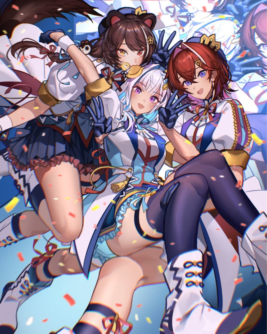 3girls ange_katrina animal_ears bird black_legwear blue_eyes blue_gloves blue_ribbon boots braid brown_eyes colored_inner_hair crown dog_ears dog_girl dog_hair_ornament gloves hair_ornament heterochromia highres idol_clothes in_mouth inui_toko jacket kamitoge_supino lize_helesta long_hair monocle multicolored_hair multiple_girls neck_ribbon nijisanji purple_eyes red_eyes red_ribbon ribbon sebastian_piyodore smile thigh_strap thighhighs virtual_youtuber w white_footwear white_hair white_jacket